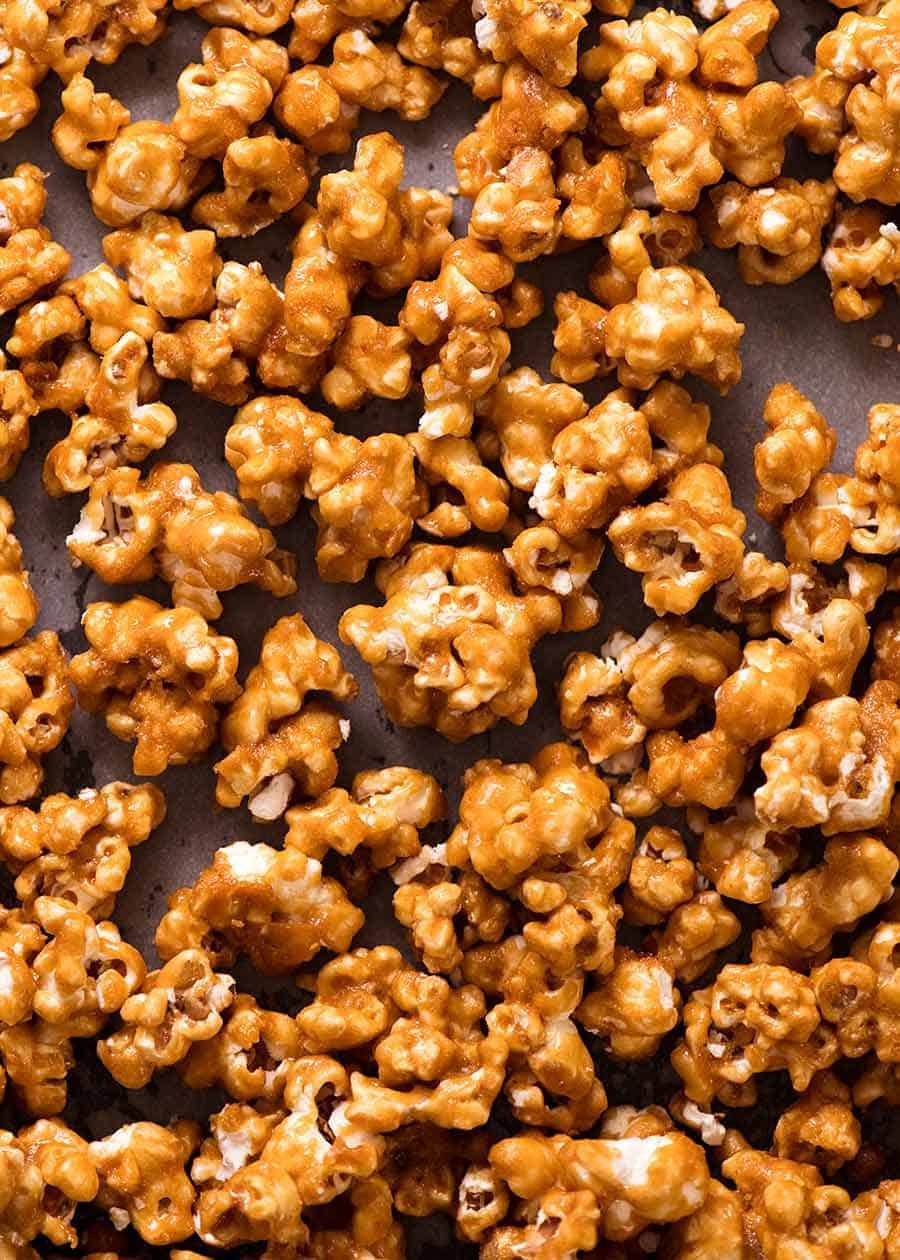 Close up of Caramel Popcorn on a tray