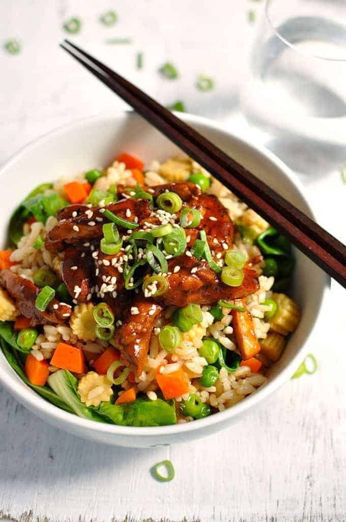 Closeup overhead photos of Sticky Chicken With Vegetable Fried Rice