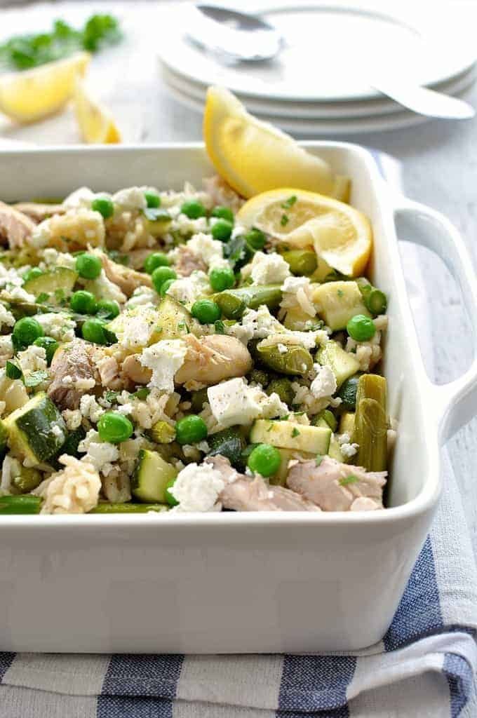 Chicken and Vegetable Rice in white pan
