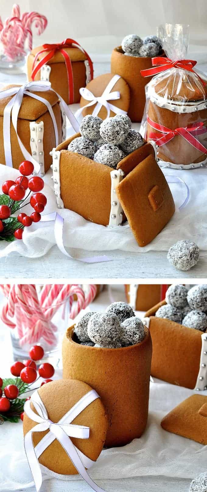 Festive spread of Gingerbread Boxes and Mason Jars tied with ribbons and filled with chocolate truffle balls.