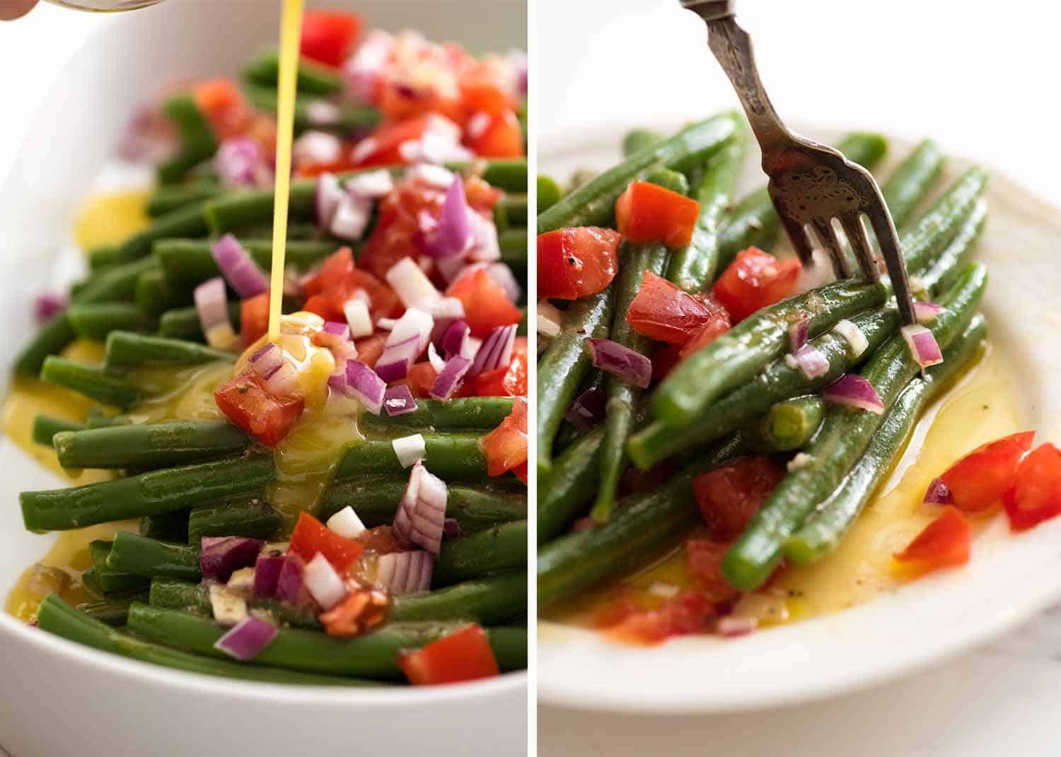 Close up of forkful of green bean salad