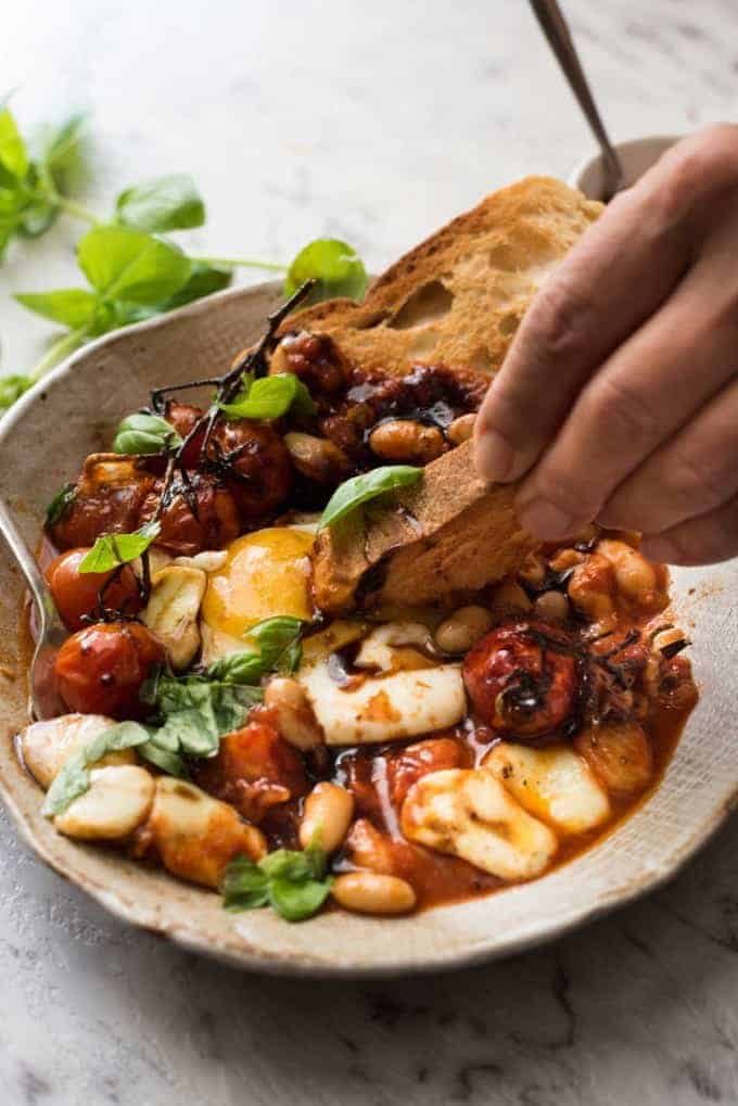 Caprese Baked Eggs with toast and balsamic