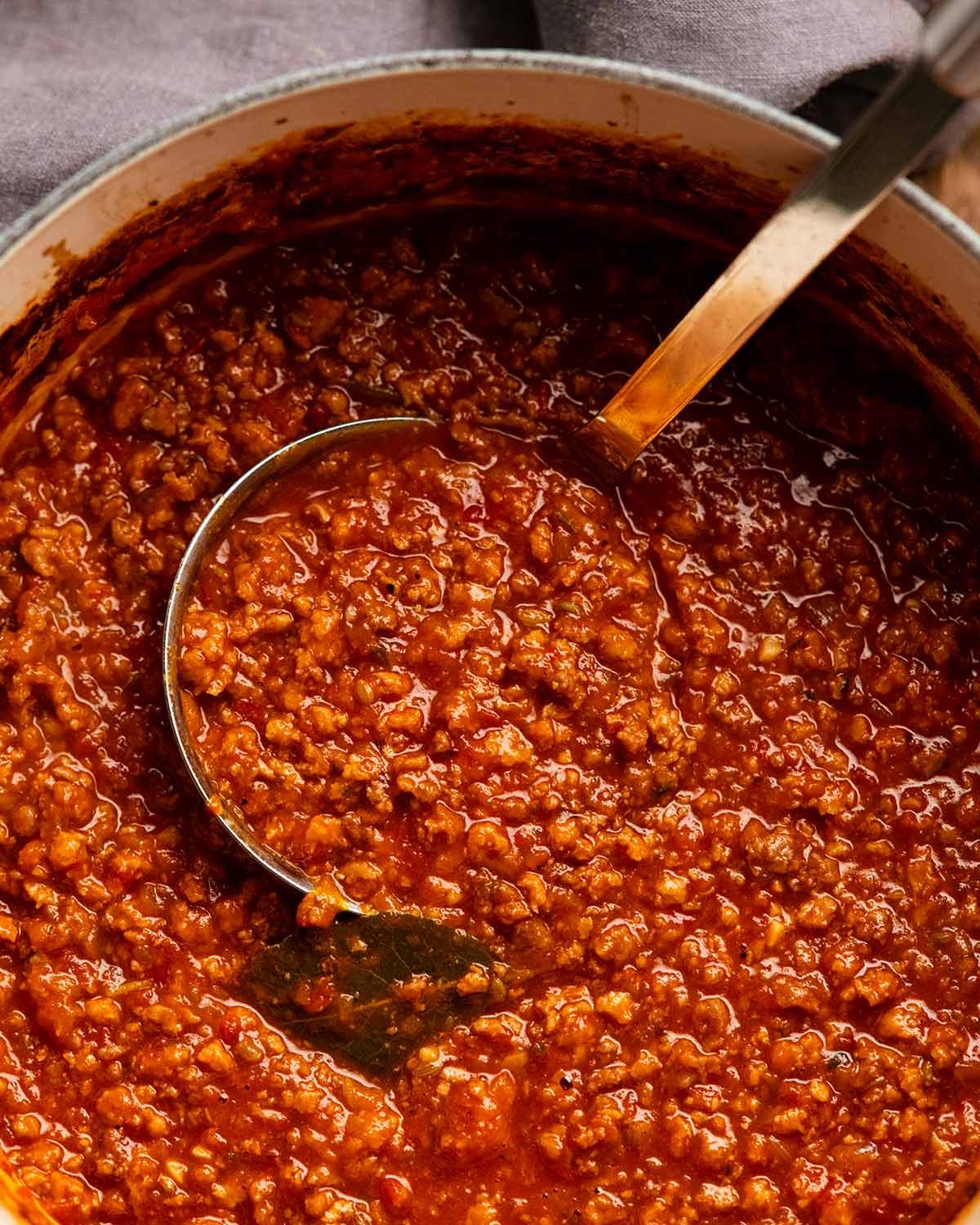 Sausage ragu pasta sauce in a pot
