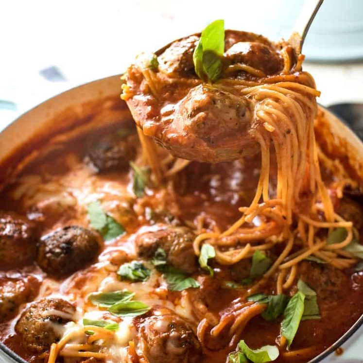 Italian Meatball Soup - Extra juicy, soft & tasty meatballs in a tomato spaghetti soup, all made in one pot!