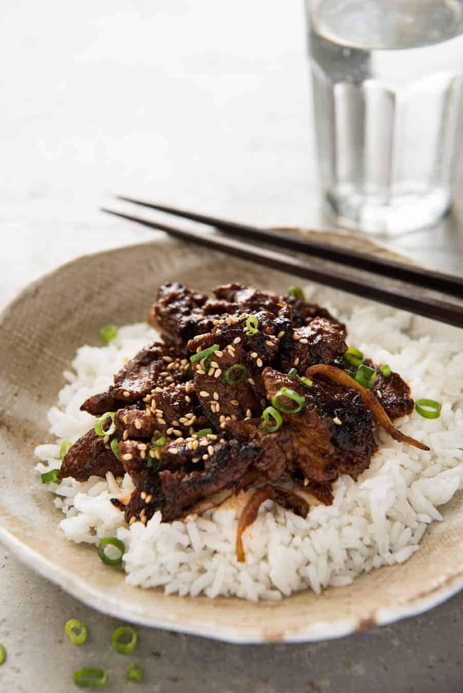 Spicy Korean Pork Stir Fry with chopsticks
