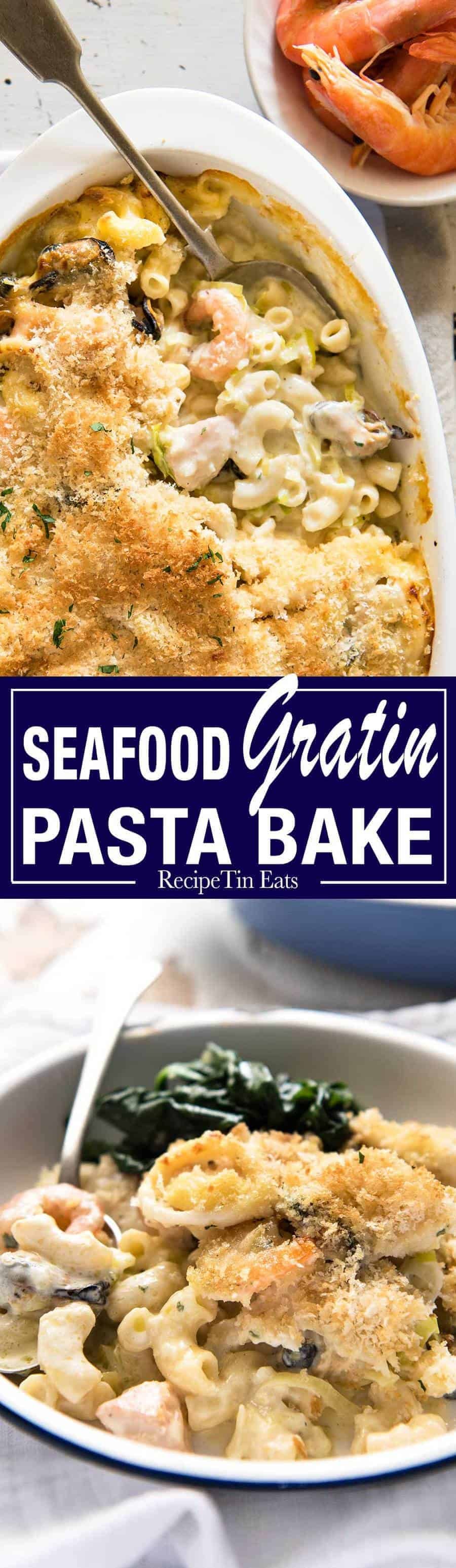Seafood Gratin Pasta Bake - mixed seafood (your choice!) and pasta baked in a creamy sauce with a crunchy breadcrumb and cheese topping! recipetineats.com