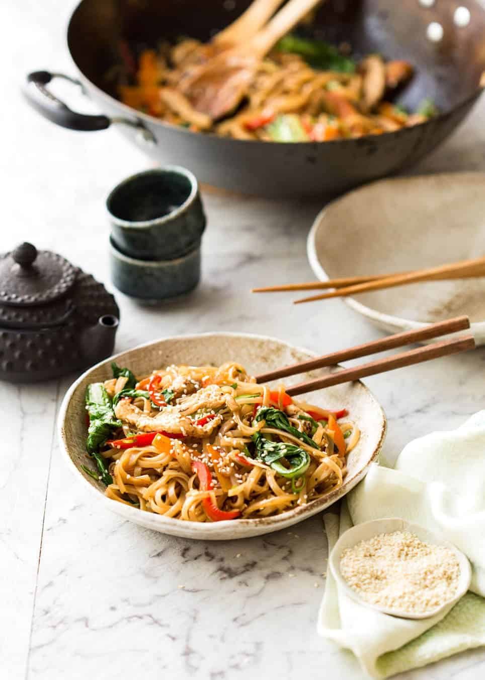 Great fridge forage meal - any dried noodles, any veggies, optional protein. This Chicken Stir Fry with Rice Noodles is healthy and super quick to make! recipetineats.com