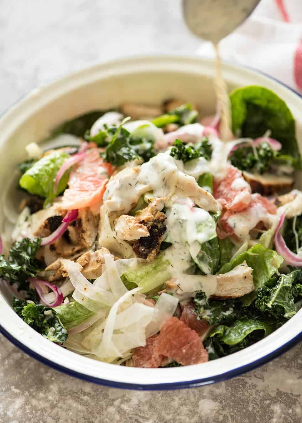 Souvla San Francisco restaurant chicken salad copycat - this San Fran Chicken Salad with Yoghurt Ranch Dressing is sensational - satisfying, filling, and loaded with incredible flavours and textures. recipetineats.com