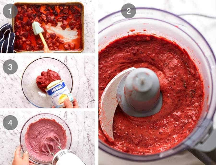 Preparation steps for No Churn Strawberry Ice Cream