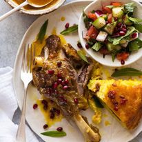 Slow cooked braised lamb shanks in a delicately spiced, well seasoned broth. A beautiful traditional Persian recipe.