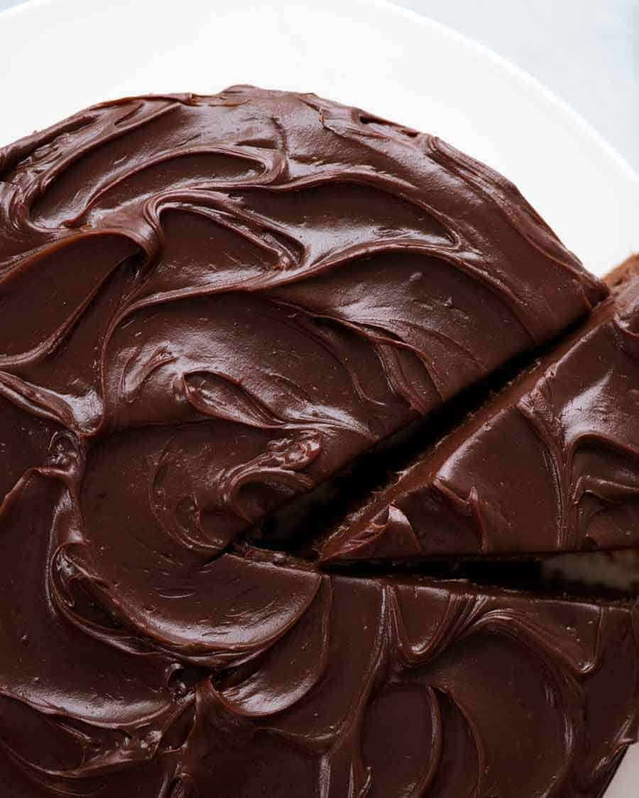 Overhead photo of Easy Chocolate Fudge Cake with Chocolate Ganache frosting