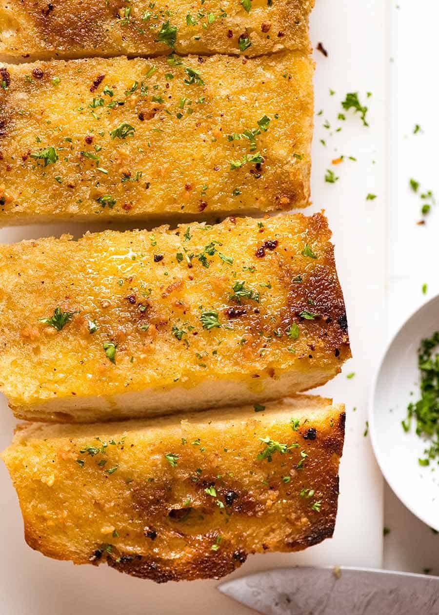 Overhead photo close up of BBQ garlic bread