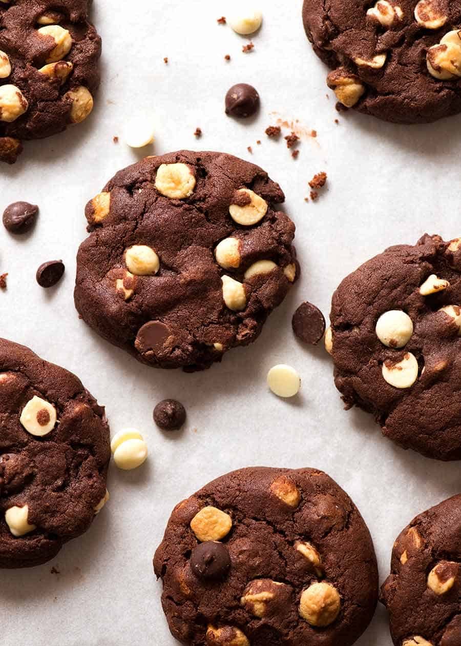 Overhead photo of Triple Chocolate Cookies on a cookie sheet - filled with 40% chocolate!