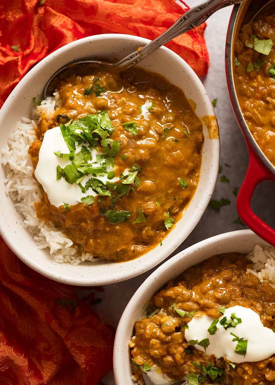 Overhead photo of Lentil Curry served over rice, ready to be eaten