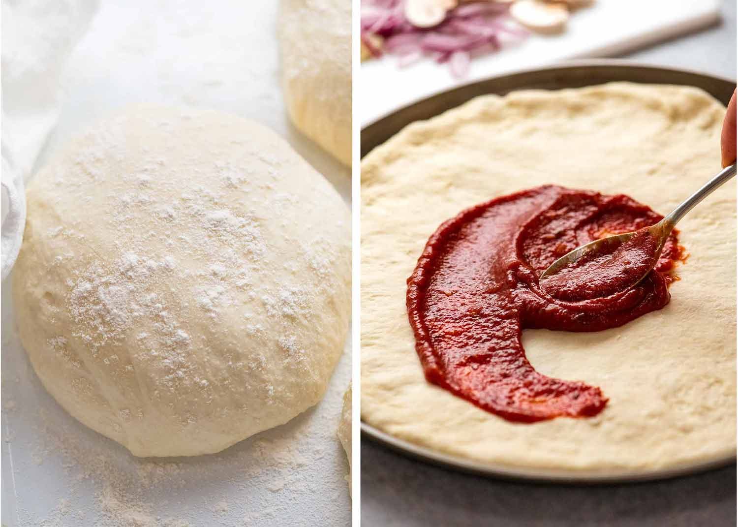 Ball of dough and spreading pizza sauce on homemade pizza crust