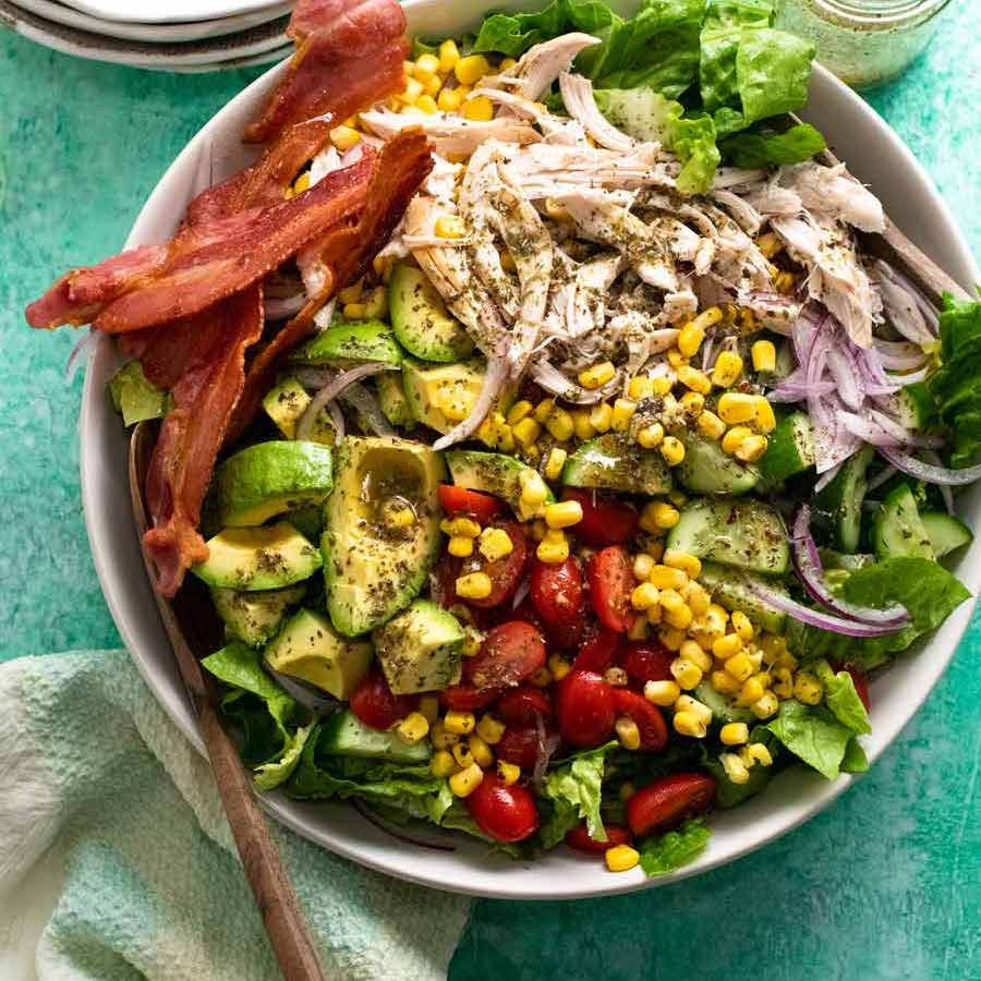 Overhead photo of Chicken salad with herb and garlic dressing ready to be served