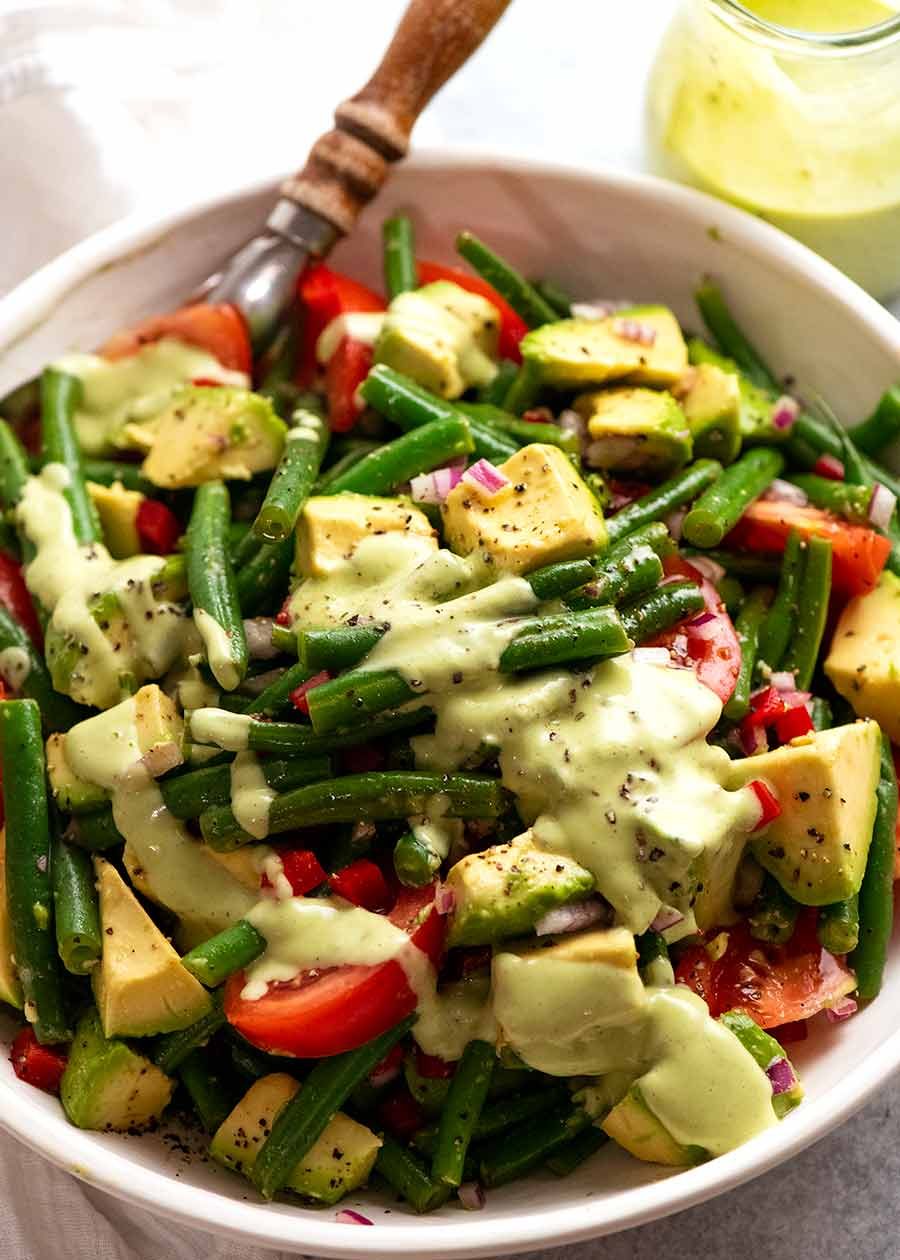 Bowl of Green Bean Avocado Salad with Avocado Dressing