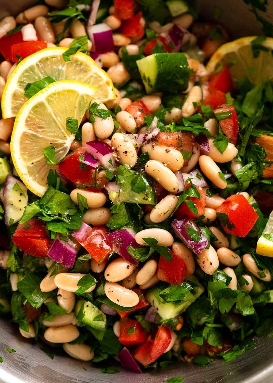 Close up of White Bean Tabbouleh Salad ready to be served