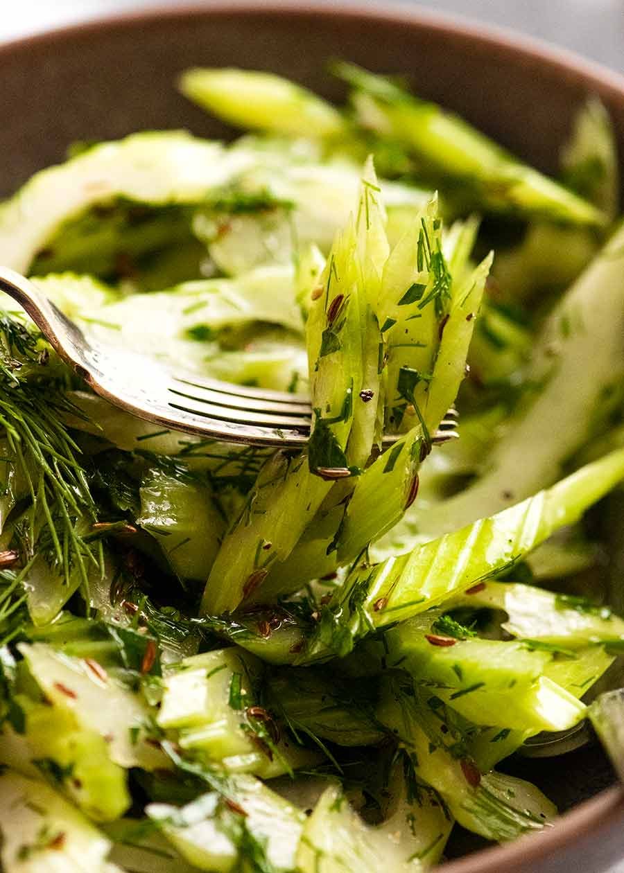Fork picking up Celery Salad