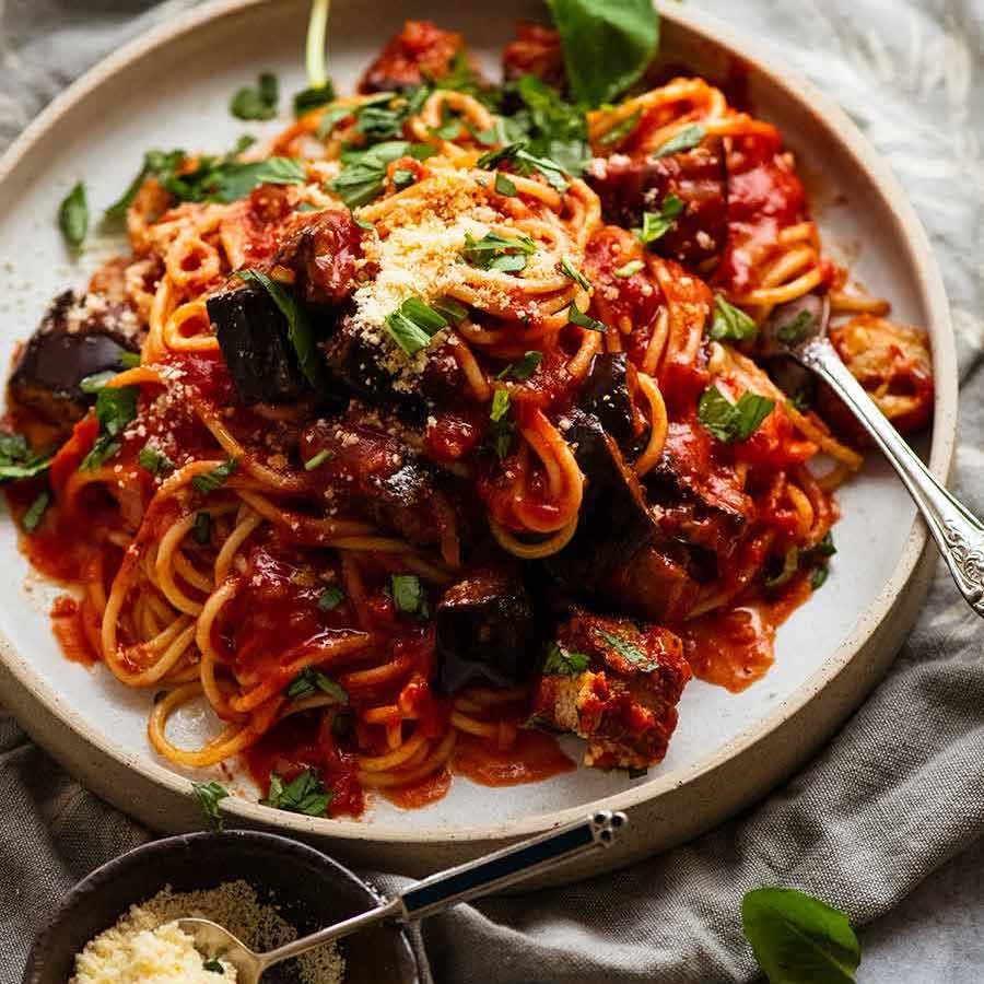 Pasta all Norma - Eggplant Pasta on a plate ready to be served