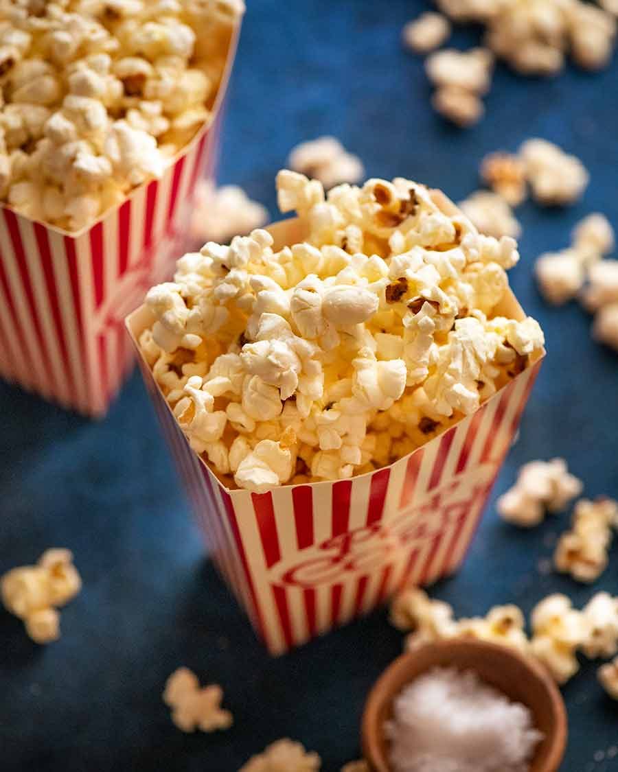 Slightly sweet and salty butter popcorn in popcorn holders
