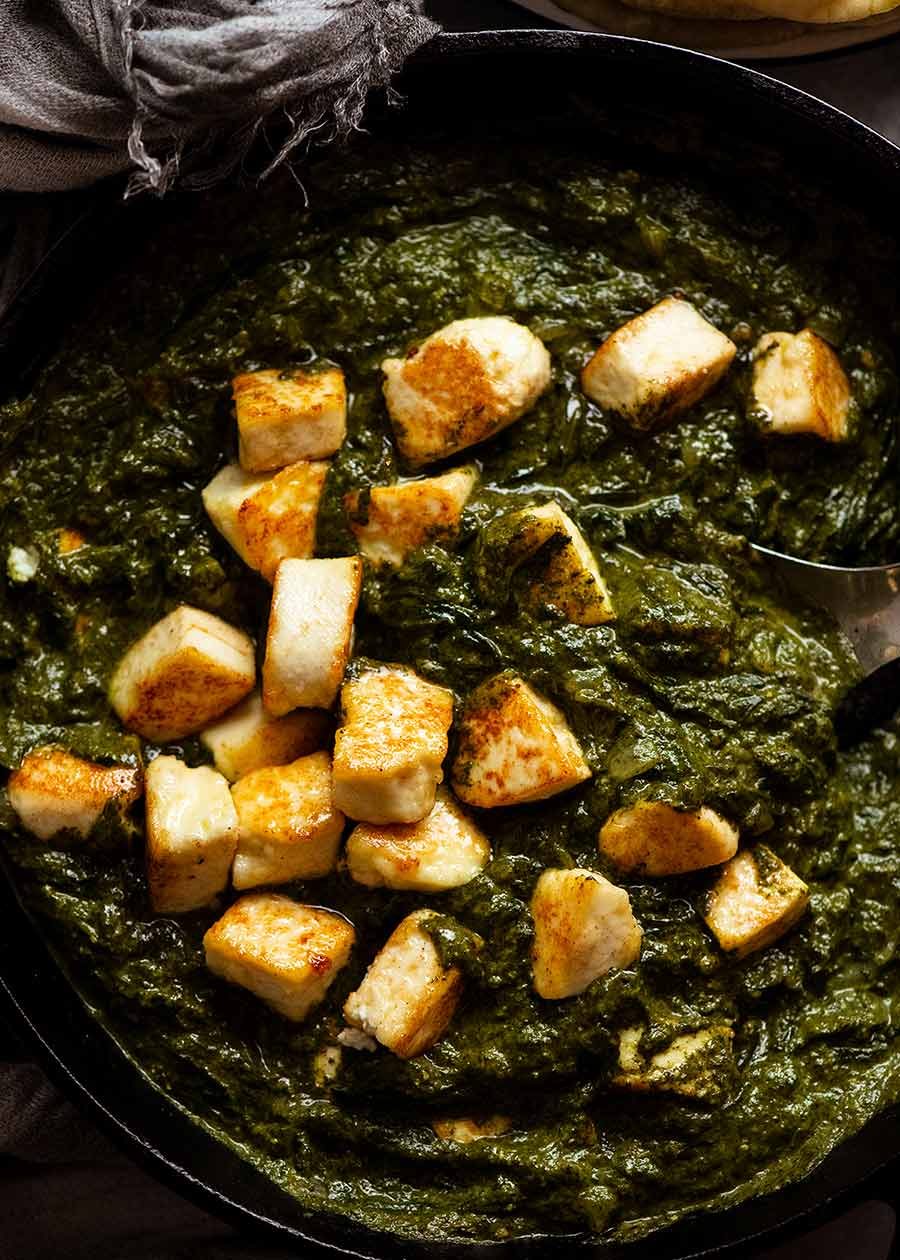 Freshly cooked Palak Paneer in a skillet, ready to be served