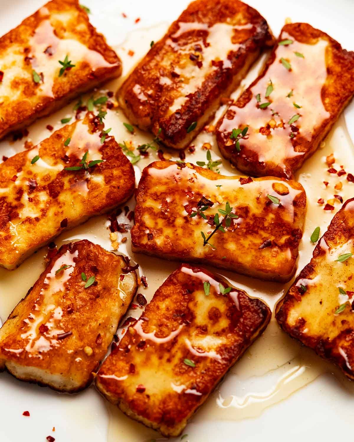 Golden fried halloumi with honey and thyme