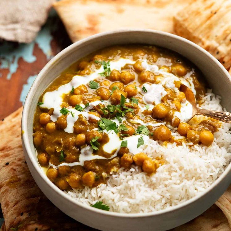 Afghani Chickpea Curry in a bowl over rice