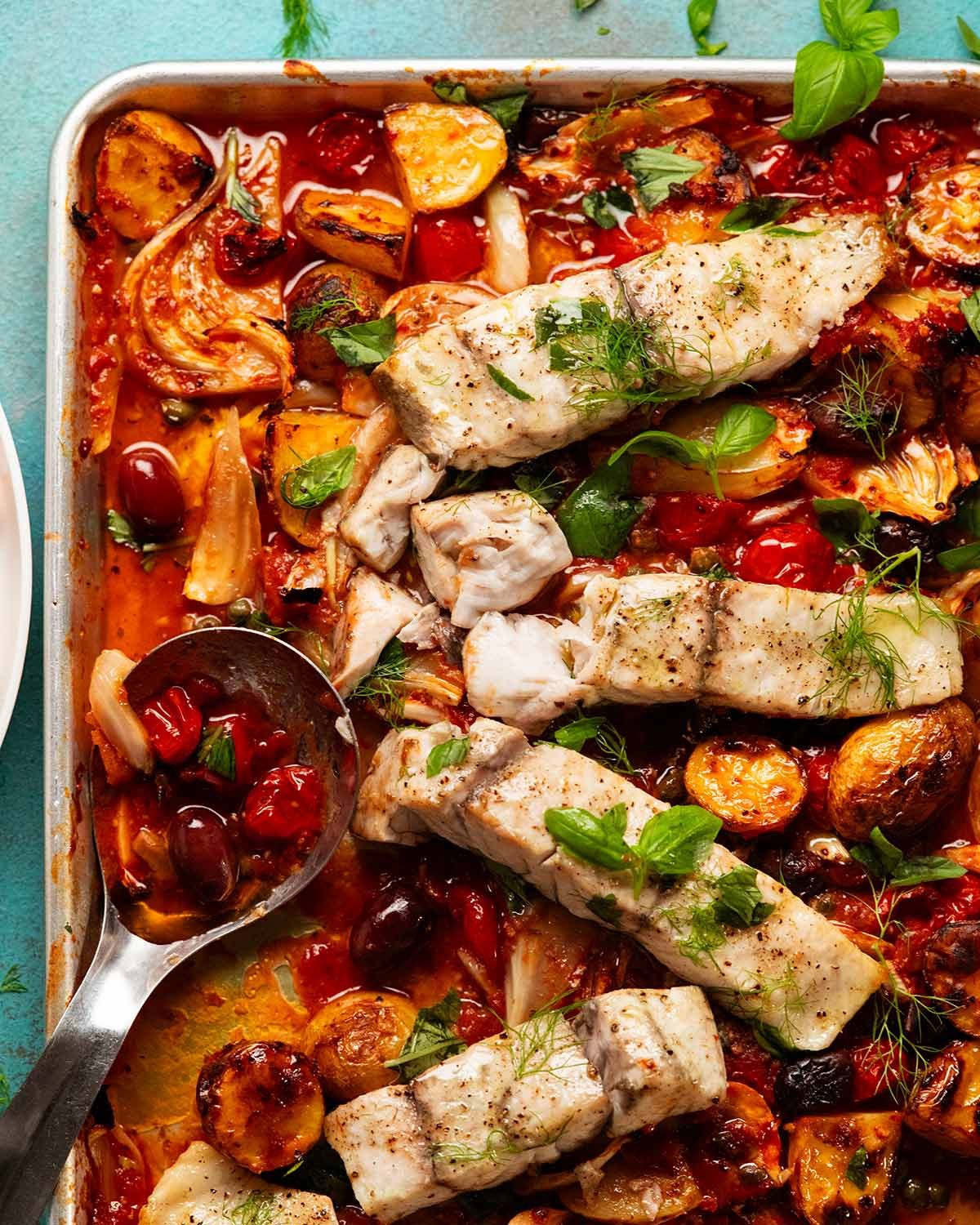 Puttanesca fish tray bake dinner