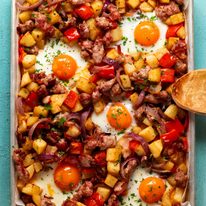 Baked breakfast hash with sausage and potatoes